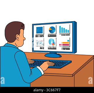 Man analyzing data on a computer screen. Suitable for analytics, data science, and business themes. Stock Vector