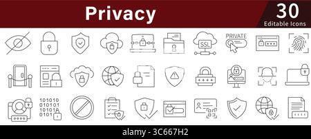 Privacy Editable Line Icons Set for Security, Protection, Data, and Digital Safety Stock Vector
