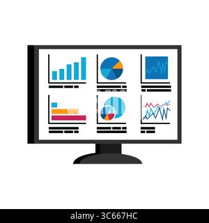 Digital analytics dashboard on a monitor with charts and diagrams. Ideal for presentations, business infographics, and corporate visuals. Stock Vector