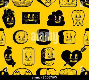 Playful seamless doodle pattern with quirky cartoon business icons on bright yellow. Includes bread, robots, hearts, faces, and teeth. Great for brand Stock Vector