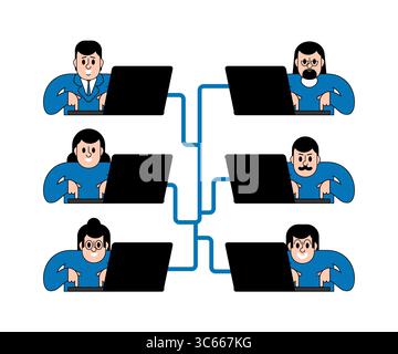 business structure and hierarchy with laptops and avatars. Represents corporate teams, management layers, or digital collaboration. Stock Vector