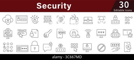 Security Editable Line Icons Set for Data Protection, Privacy, Cybersecurity, and Access Control Stock Vector