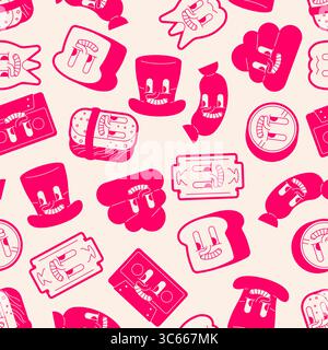 Seamless pink pattern featuring hand-drawn cartoon faces and quirky objects. Ideal for wrapping paper, textiles, notebooks, and youth branding project Stock Vector