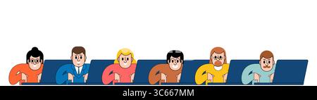 business team working on laptops. Corporate teamwork, project management, remote collaboration, or startup office concept. Stock Vector