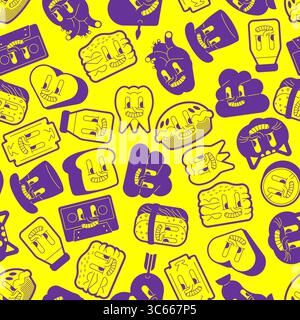 Bright seamless pattern with funny cartoon icons in yellow and purple. Toasts, teeth, faces, and quirky expressions. Ideal for children’s textiles, wr Stock Vector