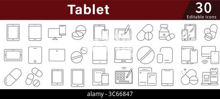 Tablet Editable Line Icons Set for Digital, Technology, Mobile, and Touchscreen Devices Stock Vector