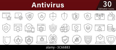 Antivirus Editable Line Icons Set for Security, Protection, Cyber, and Digital Safety Software Stock Vector