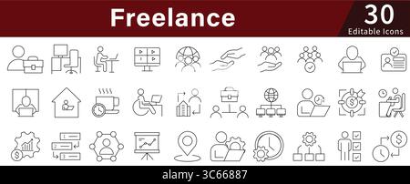 Freelance Editable Line Icons Set for Remote, Work, Business, and Independent Professional Stock Vector