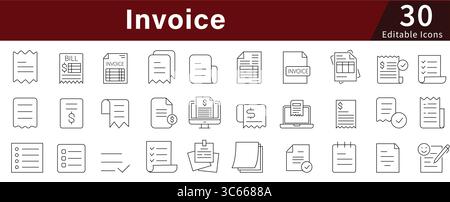 Invoice Editable Line Icons Set for Billing, Payment, Business, and Financial Documentation Stock Vector