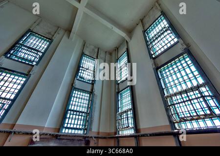 Barred windows in one of the prison's buildings on the notorious Alcatraz Island off San Francisco, California, USA. Stock Photo