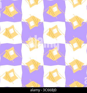 Camping Tent Seamless Pattern Design. Cute yellow tents on wavy lilac and white background in playful flat cartoon style. Stock Vector