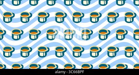 Seamless Camping Enamel Mug Pattern. Cartoon enamel mugs filled with tea or coffee on blue wavy background. Flat seamless pattern in bold camping styl Stock Vector