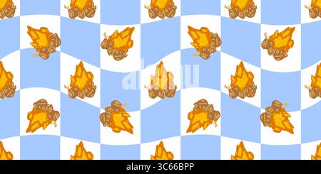 Seamless Campfire Wood Flame Pattern. Burning campfire logs with bright flames on checkered blue and white background. Flat seamless cartoon pattern w Stock Vector