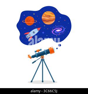 Astronomical telescope tube, space, galaxy, planets and flying rocket. Astronomical space. Study planets, stars and comets with a telescope. Stock Vector