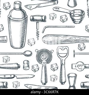 Seamless pattern with bar tools. Vector hand drawn sketch shaker, jigger, corkscrew, and strainer. Design for bar menu, cocktail branding, packaging, Stock Vector