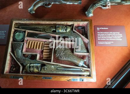 Vintage pistols on display at the Rosenborg Castle in Copenhagen, Denmark Stock Photo