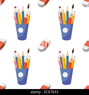 Plastic Glass with pencils, paintbrush, crayons textile design. Flat design, vector cartoon texture isolated on white background. Pencil holder, desk organizer seamless pattern Stock Vector