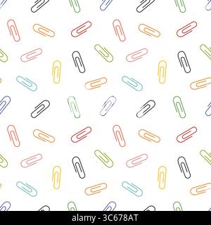 Paper clip icon set seamless pattern. Office paper clip in black, red, green colors textile design. School supplies. Stationery elements. Vector Illustration isolated on white. Stock Vector