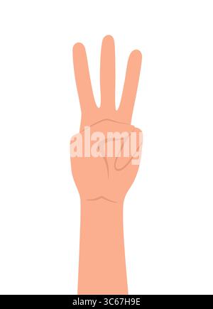 Human hand showing number three with fingers, isolated on white background. Flat vector illustration Stock Vector