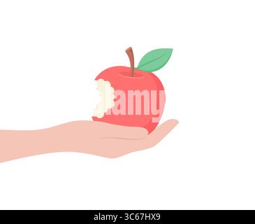 Hand holding a bitten red apple isolated on white background, side view. Flat vector illustration Stock Vector