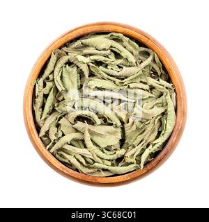 Dried lemon verbena leaves in wooden bowl. Aloysia citrodora, also lemon beebrush, used to add lemon flavor to food and beverages, herbal teas, etc. Stock Photo