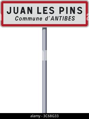 Vector illustration of Juan Les Pins entrance road sign on metallic pole Stock Vector