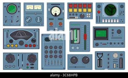 Retro control panels. Space ship dashboards, sliders, tuners and buttons, vintage analog indicators, scales, dials, arcade game screen, different Stock Vector