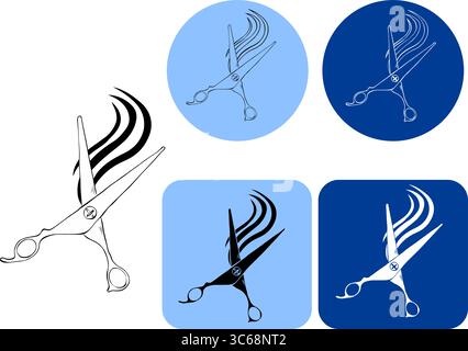 Scissors and hair sign for beauty Salon logotype.. Vector graphic line ink illustration. Silhouette sign for logo, print, comics, fashion, pop art, bo Stock Vector