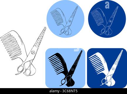 Scissors and hairbrush Salon logotype. Vector graphic line ink illustration. Sign crossed scissors and hairbrush Barbershop symbols. Design for packag Stock Vector