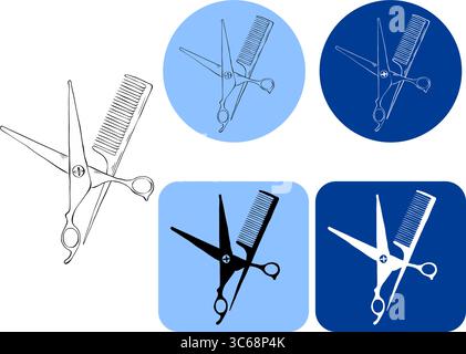 Scissors and hairbrush Salon logotype.. Vector graphic line ink illustration. graphic icon. Sign crossed scissors and hairbrush isolated on white back Stock Vector