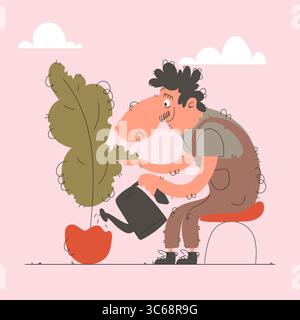 A cartoon style illustration of a man watering a potted plant. He is sitting on a small stool. There are clouds in the pink background, whimsical art. Stock Vector
