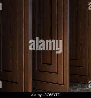 Row of brown wooden doors inside a dark room. Three opened brown doors with rectangular pattern. Stock Photo