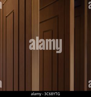 Brown wooden doors inside a dark room. Two opened brown doors with rectangular pattern and brass inserts. Stock Photo
