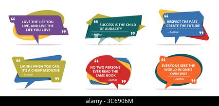 Texted quote box. Different shapes remark frames, flat style, multi layered message geometric borders with phrases, colorful speech bubbles, comment Stock Vector