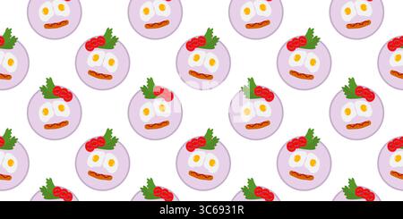Fried eggs Sausage Greens and Tomato slices on Circle Plate Cute food faces Seamless Pattern Banner. Isolated Vector illustration Breakfast Motivation Cards Backdrop Banner leaflet, label, tag, poster Stock Vector