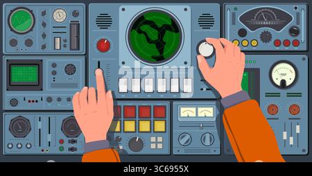 Pilot hands on control panel. Operator controls spaceship, retro analog dashboard, screens, dials, indicators mechanisms, buttons, cartoon flat style Stock Vector