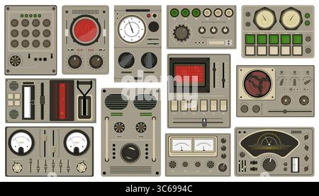 Control panel buttons. Retro spaceships dashboards, analog devices and techniques, metal consoles, dials and indicators, old spacecraft cockpit Stock Vector