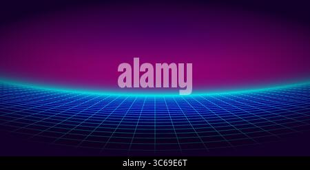 Neon wireframe grid bends toward a glowing magenta void. Pure synthwave. Retro-futuristic, electric, and surreal. Clean geometry 80s background. Stock Vector