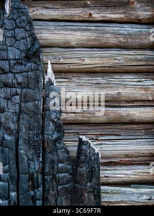 Close-up texture showing contrasting weathered wood surfaces - charred black timber alongside natural aged wooden planks creating a rustic pattern. Stock Photo