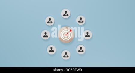 3D render of a circle shaped white cube network with person icons and red target icons in the center, symbolizing social networking, audience targetin Stock Photo