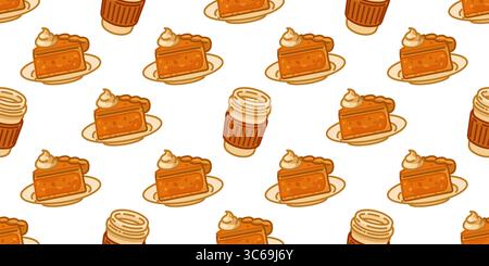 Seamless Pumpkin Pie Coffee Pattern. Pumpkin pie slices with whipped cream and takeaway coffee cups. Flat cartoon seamless pattern on white background Stock Vector