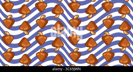 Seamless Mushroom Wave Stripe Pattern. Cartoon brown mushrooms on a bold wavy blue and white striped background. Flat seamless pattern with a fun fore Stock Vector