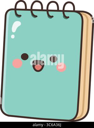 kawaii notepad character with a happy face, rosy cheeks, and spiral binding Stock Vector