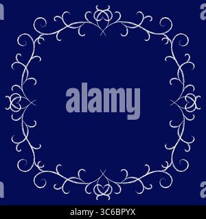 Square frame with place for text. Curved intertwined lines and curls. Texture ornamental white frame on dark blue background. Refine elegance design Stock Vector