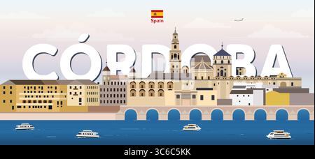 Cordoba cityscape colorful vector illustration with big city name on the background. Travel trendy poster Stock Vector
