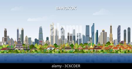 Bangkok city skyline on gradient beautiful day sky background. Vector illustration Stock Vector