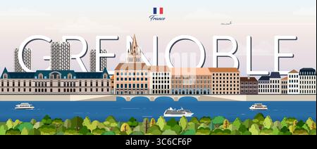 Grenoble cityscape colorful vector illustration with big city name on the background. Travel trendy poster Stock Vector