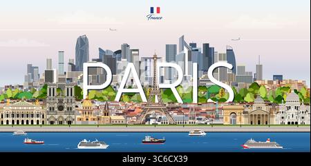 Paris cityscape colorful vector illustration with big city name on the background. Travel trendy poster Stock Vector
