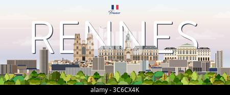Rennes cityscape colorful vector illustration with big city name on the background. Travel trendy poster Stock Vector