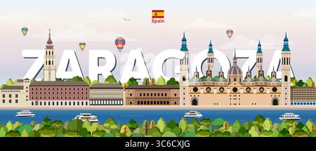 Zaragoza cityscape colorful vector illustration with big city name on the background. Travel trendy poster Stock Vector